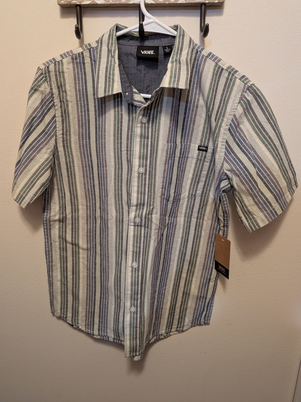 Vans Men’s Short Sleeve Vertical Stripe Button-Up Shirt - Green/Blue/White